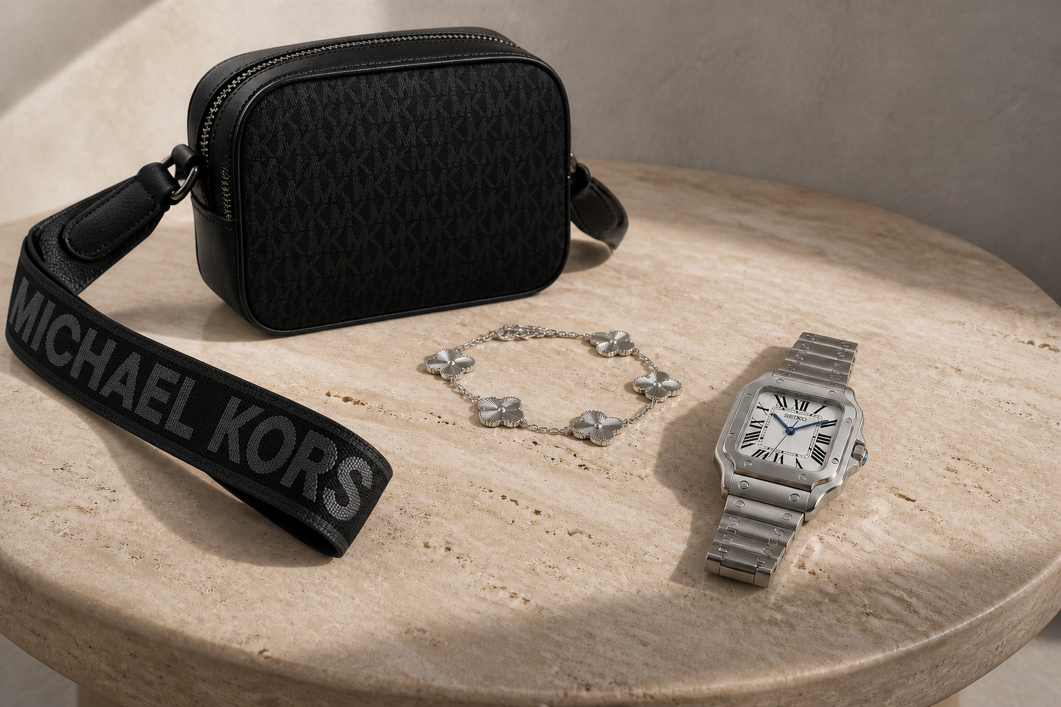 Bolsa, reloj y pulsera en una composición editorial